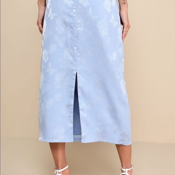 LULUS Delightful Approach Light Blue Floral Jacquard Midi‎ Skirt Size Large NWT - Picture 3 of 7